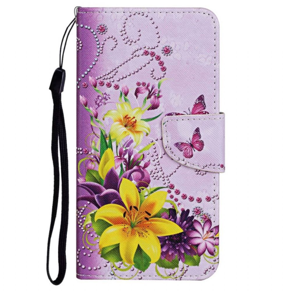 Folio-hoesje voor Poco X4 Pro 5G Met Ketting Fantasie Met Bloemenbandjes