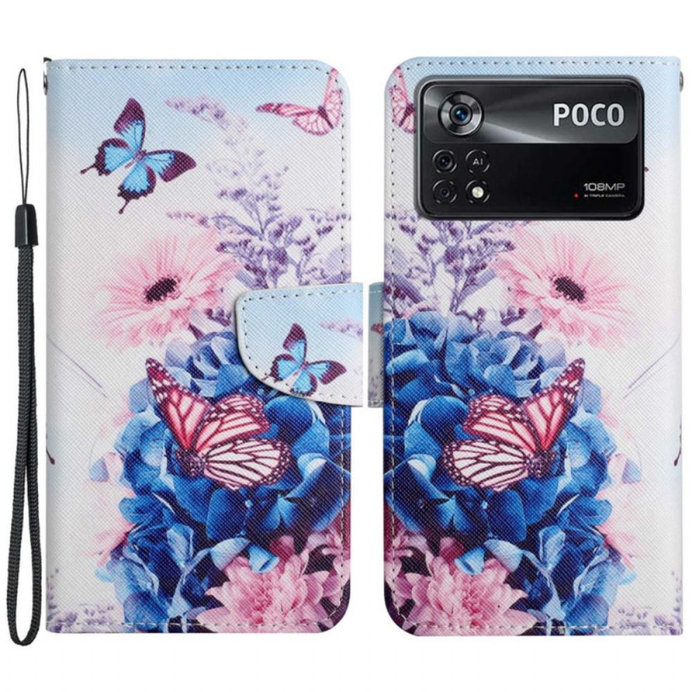 Folio-hoesje voor Poco X4 Pro 5G Met Ketting Fantasie Met Bloemenbandjes