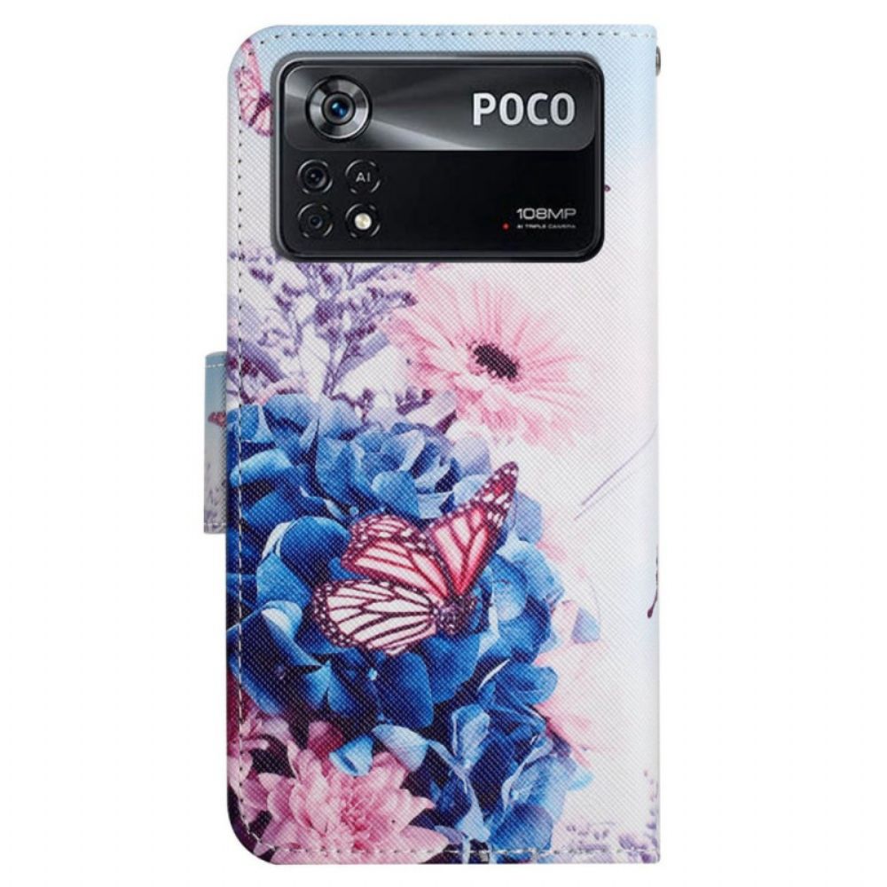 Folio-hoesje voor Poco X4 Pro 5G Met Ketting Fantasie Met Bloemenbandjes