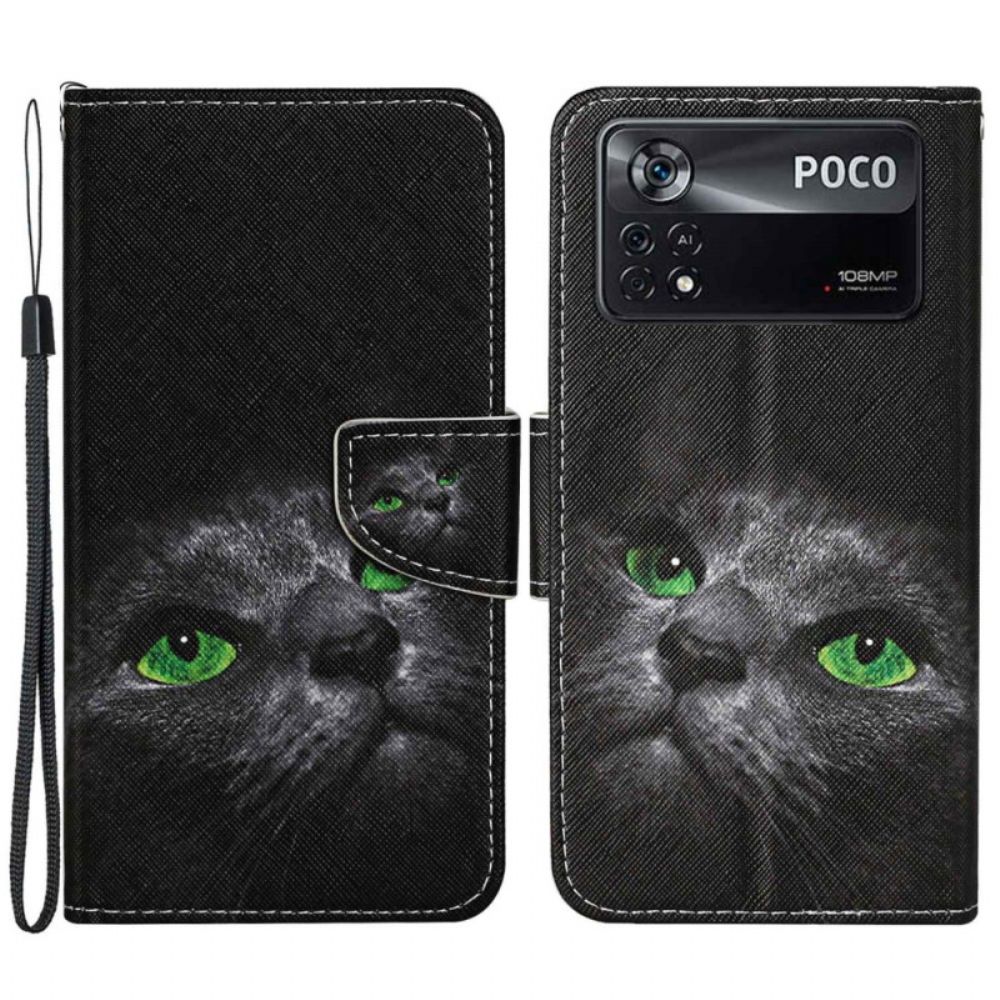 Folio-hoesje voor Poco X4 Pro 5G Met Ketting Kat Met Groene Ogen En Riem