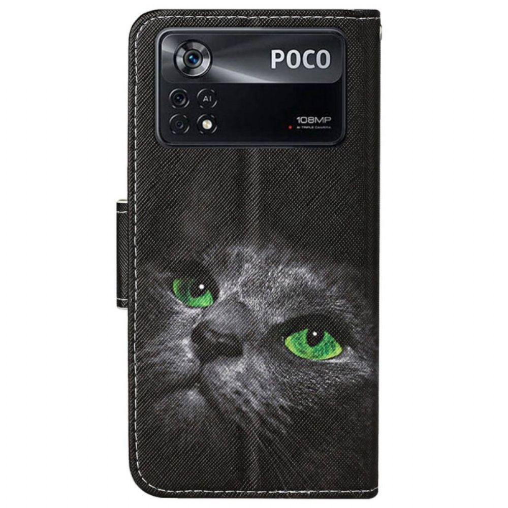 Folio-hoesje voor Poco X4 Pro 5G Met Ketting Kat Met Groene Ogen En Riem