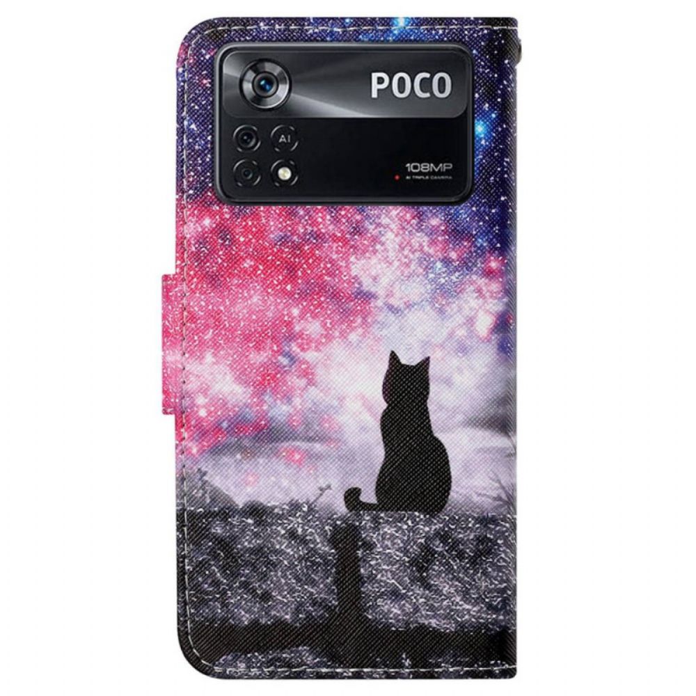 Folio-hoesje voor Poco X4 Pro 5G Met Ketting Kat In De Nacht Met Riem