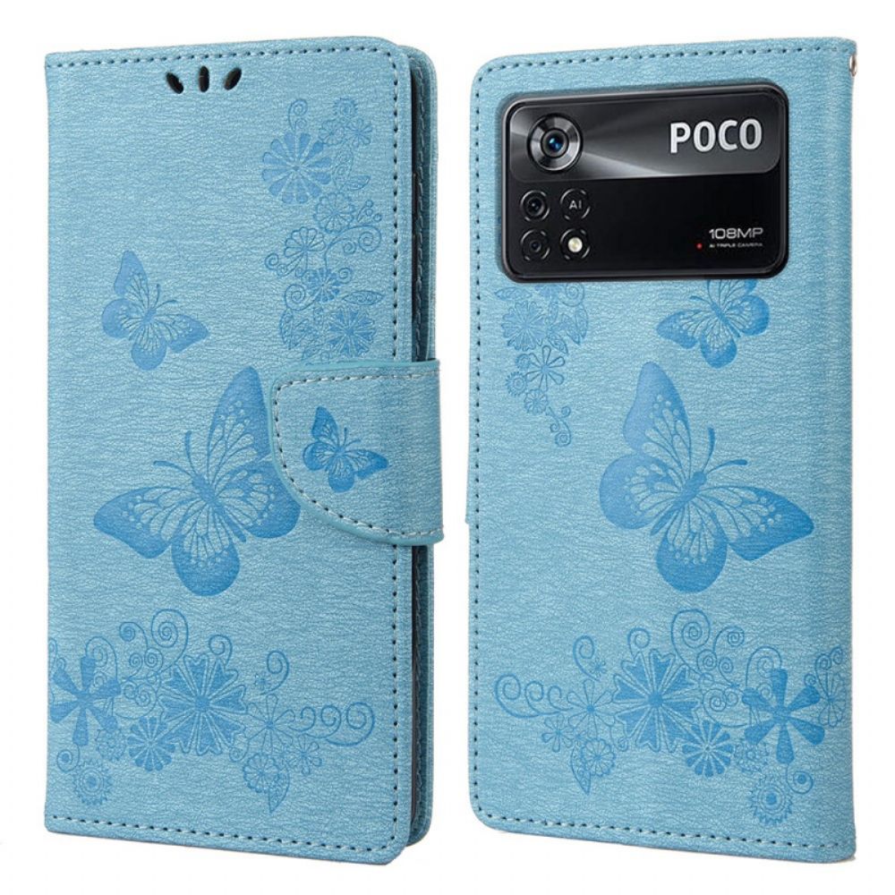 Folio-hoesje voor Poco X4 Pro 5G Met Ketting Mooie Vlinders Met Riem