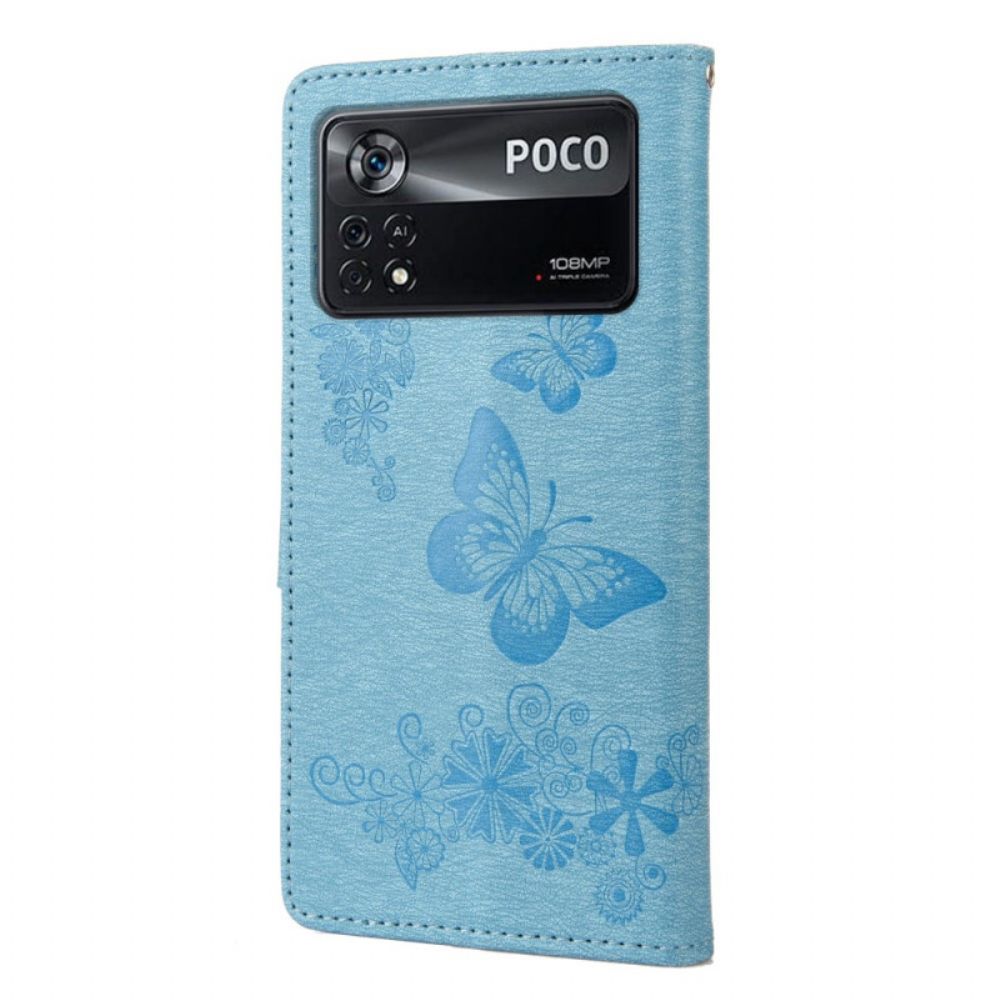 Folio-hoesje voor Poco X4 Pro 5G Met Ketting Mooie Vlinders Met Riem