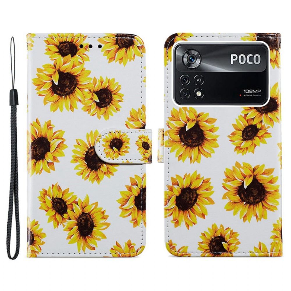 Folio-hoesje voor Poco X4 Pro 5G Met Ketting Thong Bloemen