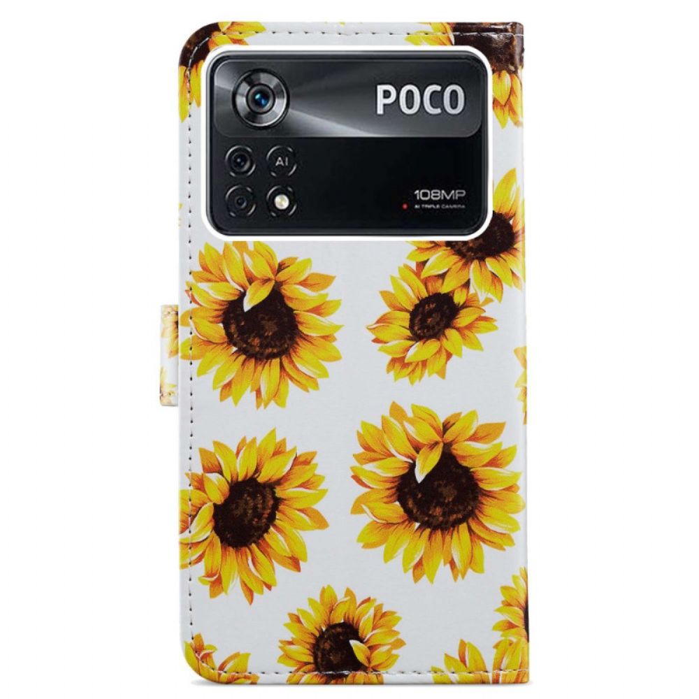 Folio-hoesje voor Poco X4 Pro 5G Met Ketting Thong Bloemen