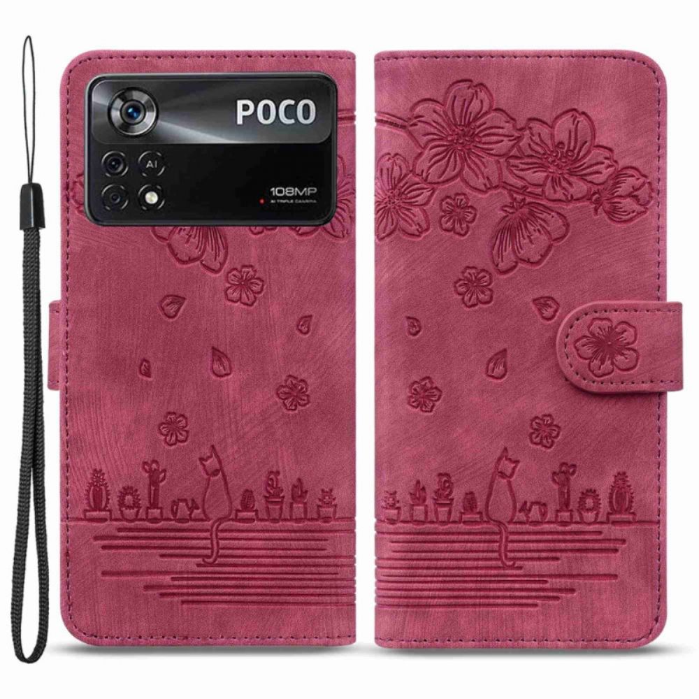 Folio-hoesje voor Poco X4 Pro 5G Met Ketting Thong Bloemen Kat