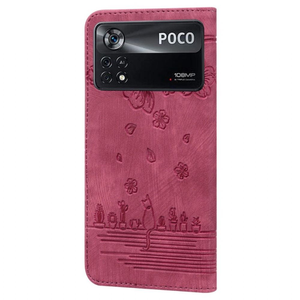 Folio-hoesje voor Poco X4 Pro 5G Met Ketting Thong Bloemen Kat