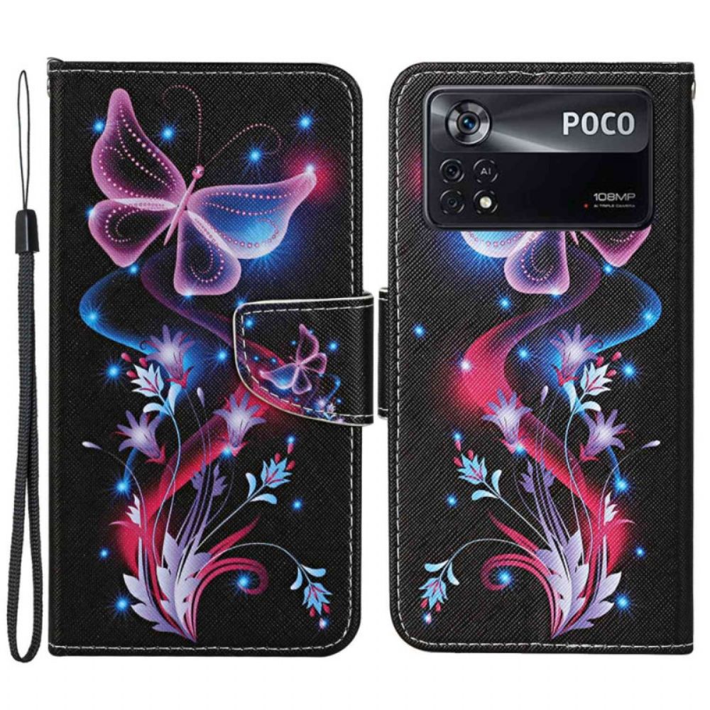 Folio-hoesje voor Poco X4 Pro 5G Met Ketting Thong Vlinderdans