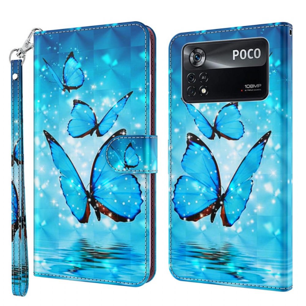 Folio-hoesje voor Poco X4 Pro 5G Met Ketting Thong Vlinders