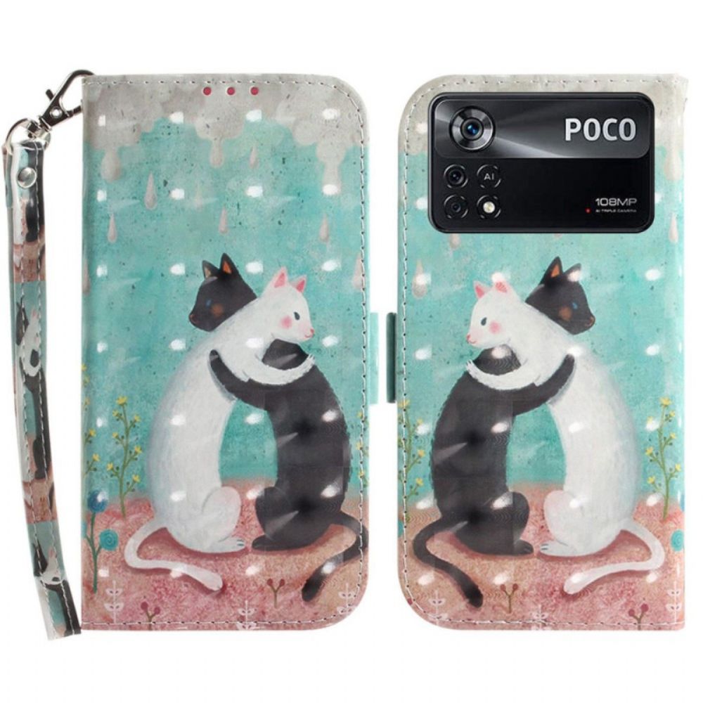 Folio-hoesje voor Poco X4 Pro 5G Met Ketting Zwarte Kat Witte Kat Met Riem