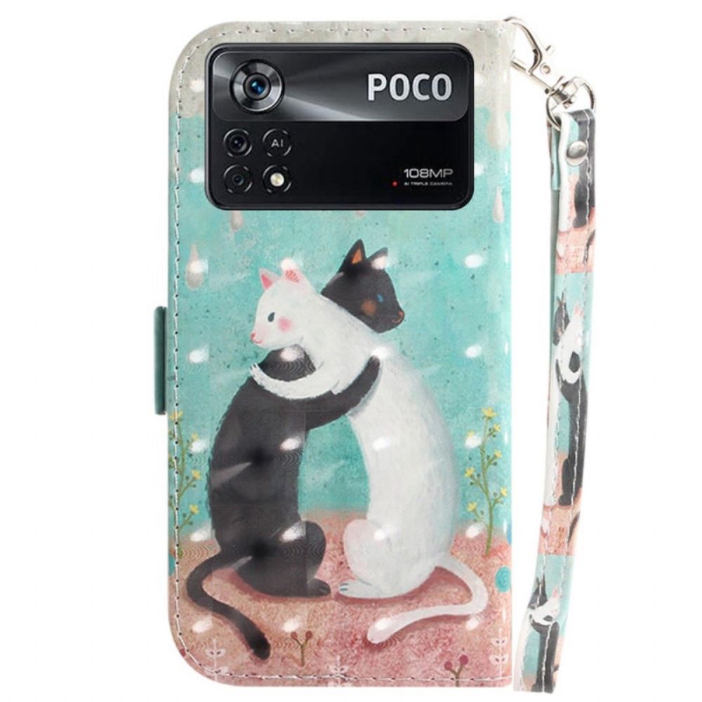 Folio-hoesje voor Poco X4 Pro 5G Met Ketting Zwarte Kat Witte Kat Met Riem