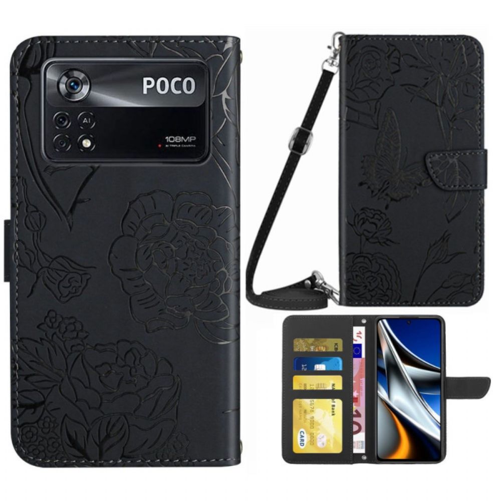 Folio-hoesje voor Poco X4 Pro 5G Vlinders Met Schouderriem