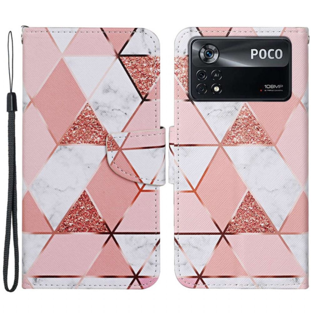 Leren Hoesje voor Poco X4 Pro 5G Met Ketting Marmeren Glitterband