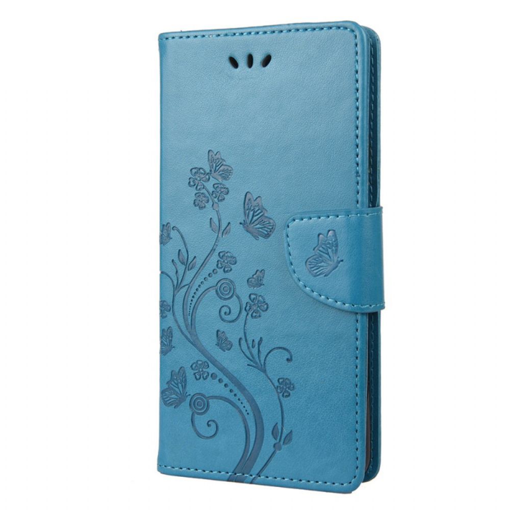 Leren Hoesje voor Poco X4 Pro 5G Met Ketting Thong Bloemen Vlinders