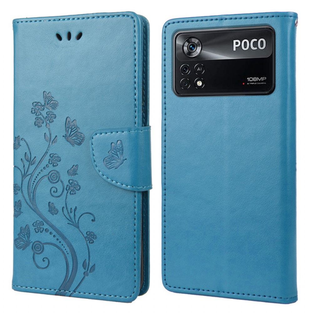 Leren Hoesje voor Poco X4 Pro 5G Met Ketting Thong Bloemen Vlinders