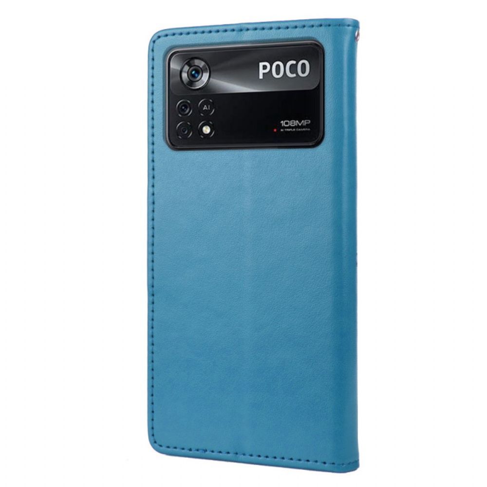 Leren Hoesje voor Poco X4 Pro 5G Met Ketting Thong Bloemen Vlinders