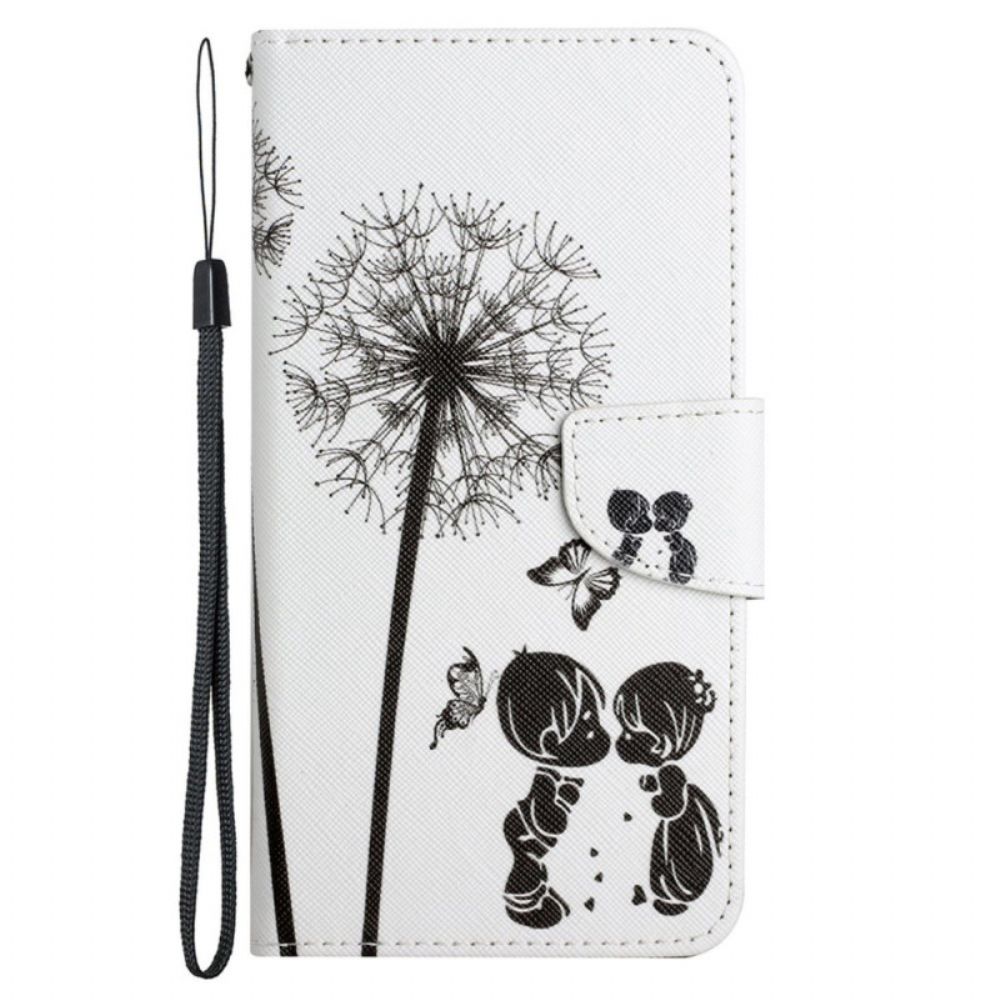 Leren Hoesje voor Poco X4 Pro 5G Met Ketting Thong Liefde Paardebloemen