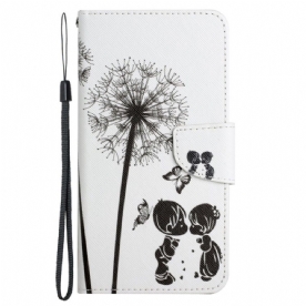 Leren Hoesje voor Poco X4 Pro 5G Met Ketting Thong Liefde Paardebloemen