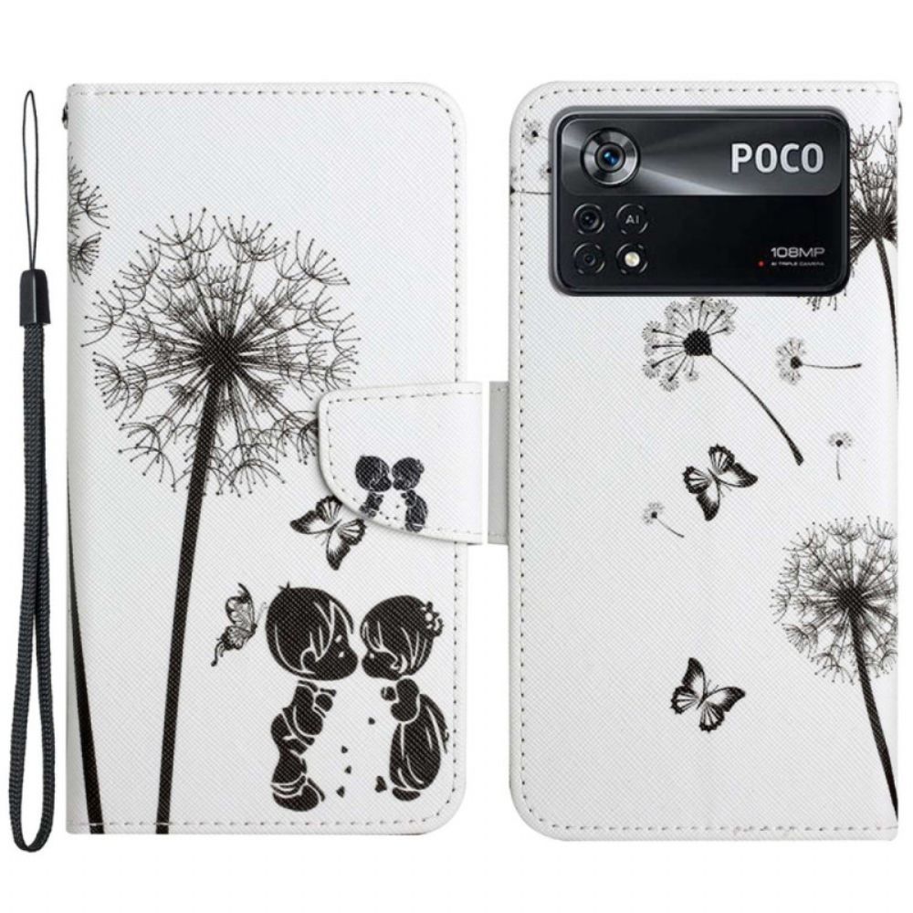 Leren Hoesje voor Poco X4 Pro 5G Met Ketting Thong Liefde Paardebloemen