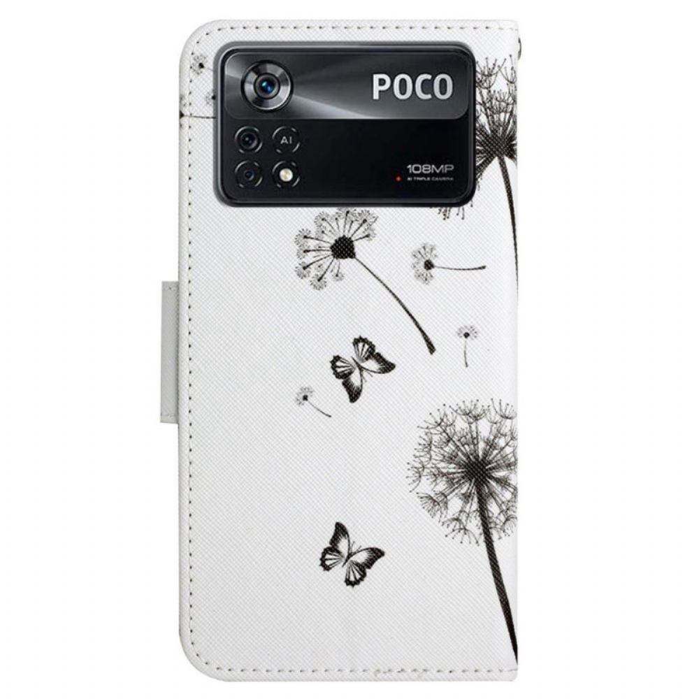 Leren Hoesje voor Poco X4 Pro 5G Met Ketting Thong Liefde Paardebloemen