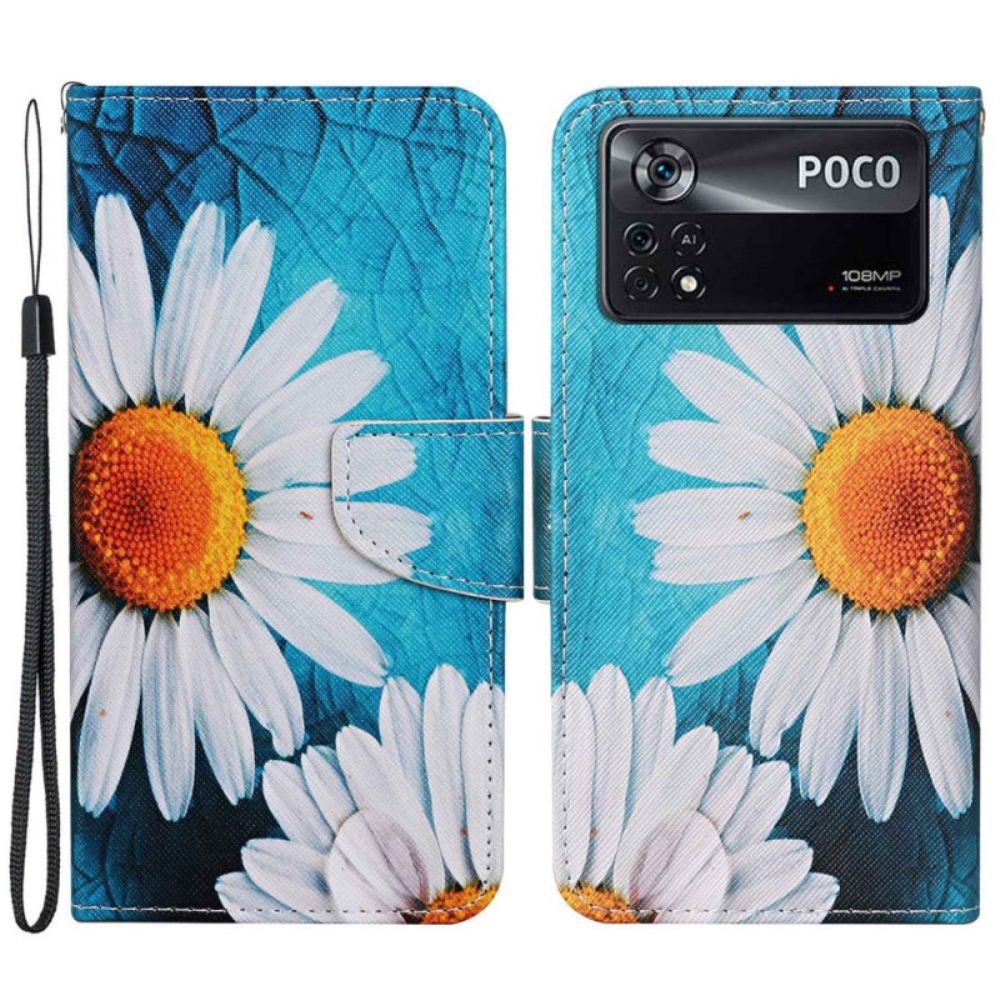 Leren Hoesje voor Poco X4 Pro 5G Met Ketting Thong Madeliefjes