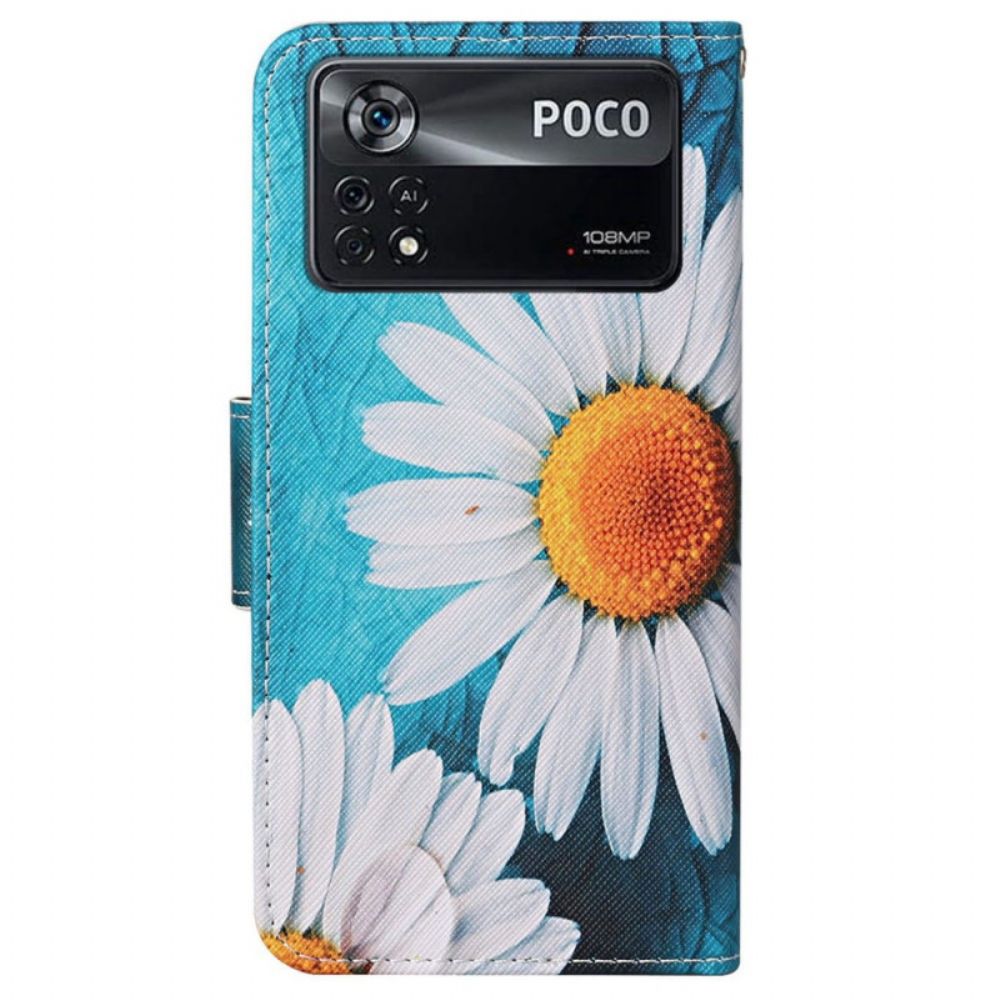 Leren Hoesje voor Poco X4 Pro 5G Met Ketting Thong Madeliefjes