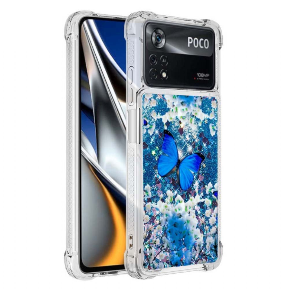 Telefoonhoesje voor Poco X4 Pro 5G Blauwe Glittervlinders