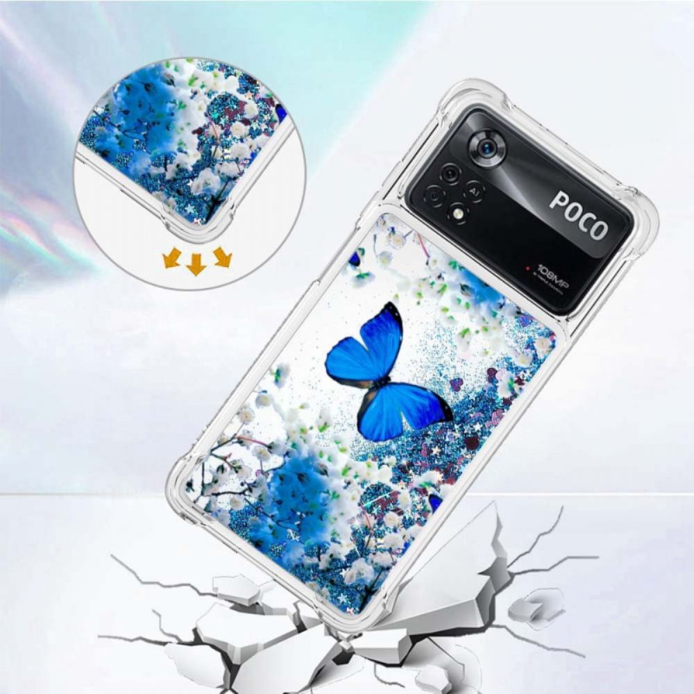 Telefoonhoesje voor Poco X4 Pro 5G Blauwe Glittervlinders