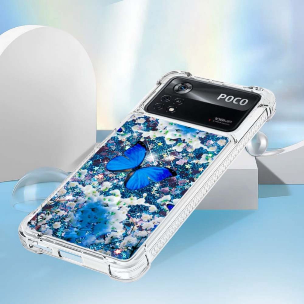 Telefoonhoesje voor Poco X4 Pro 5G Blauwe Glittervlinders