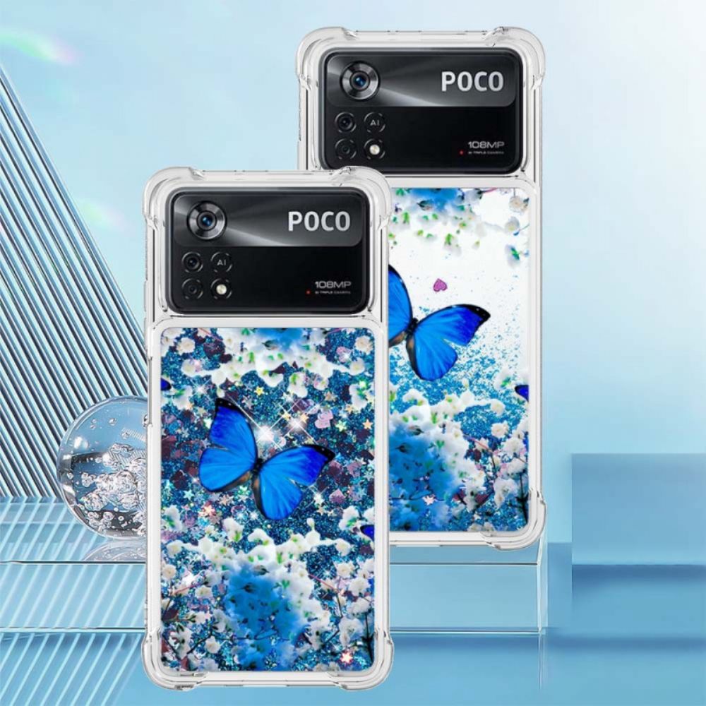 Telefoonhoesje voor Poco X4 Pro 5G Blauwe Glittervlinders