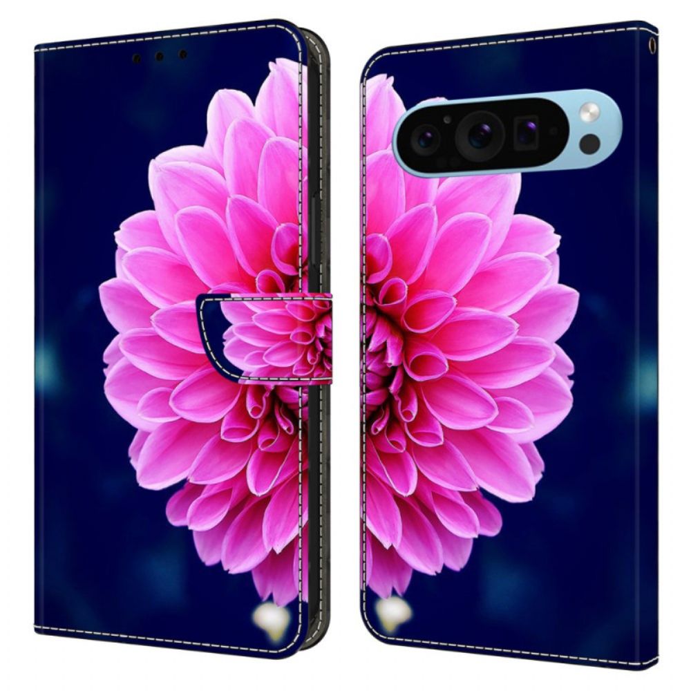 Folio-hoesje Google Pixel 9 Telefoonhoesje Roze Bloem Op Blauwe Achtergrond