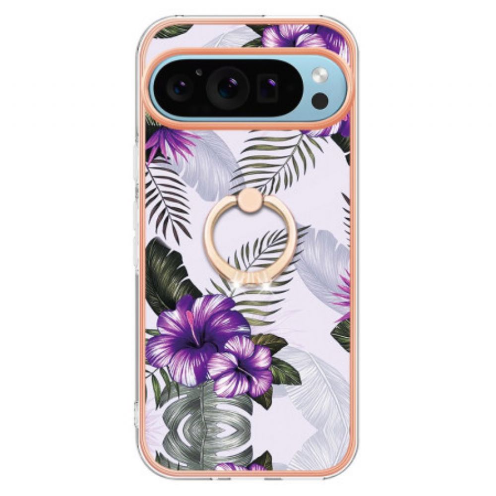 Hoesje Google Pixel 9 Steunring Paarse Bloemen