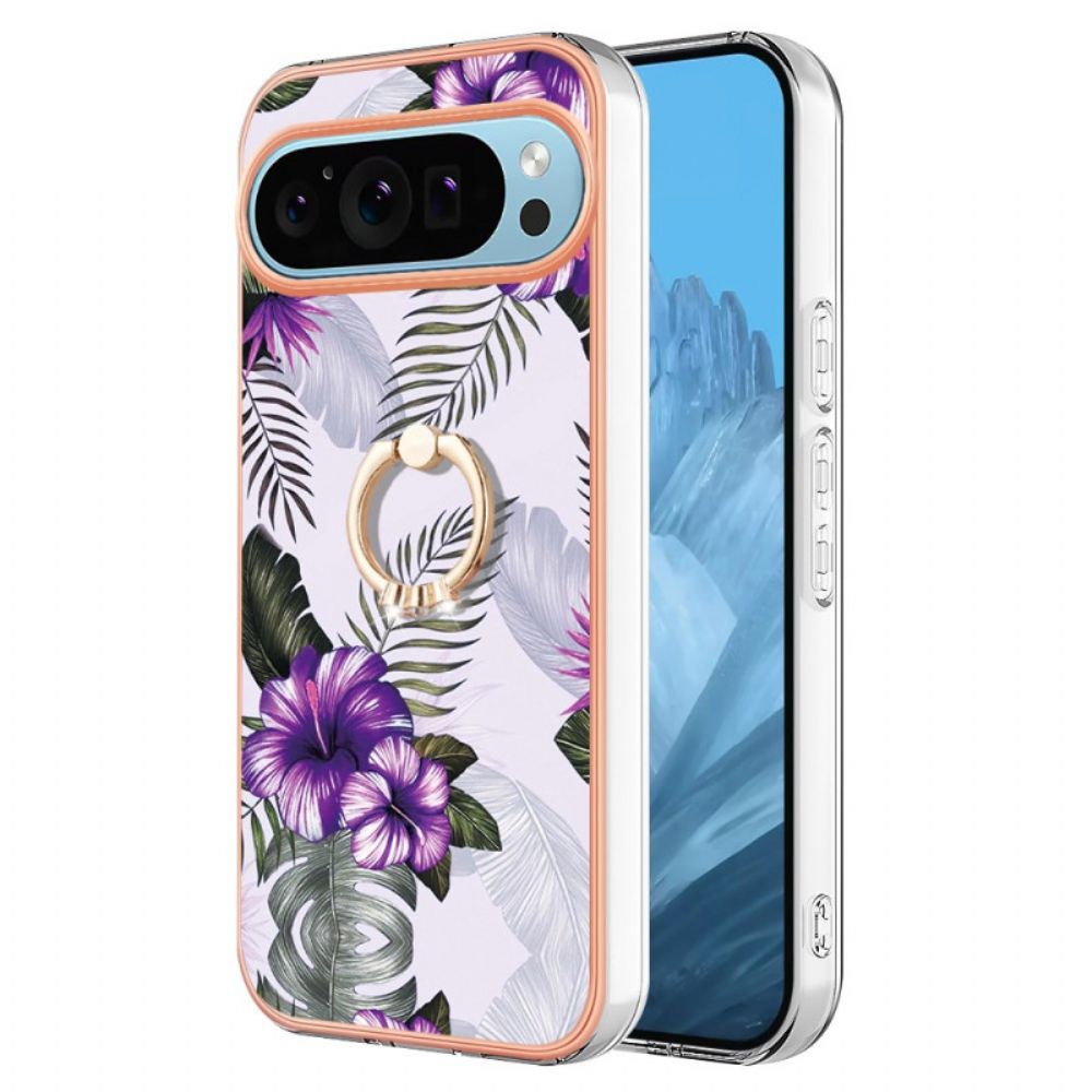 Hoesje Google Pixel 9 Steunring Paarse Bloemen