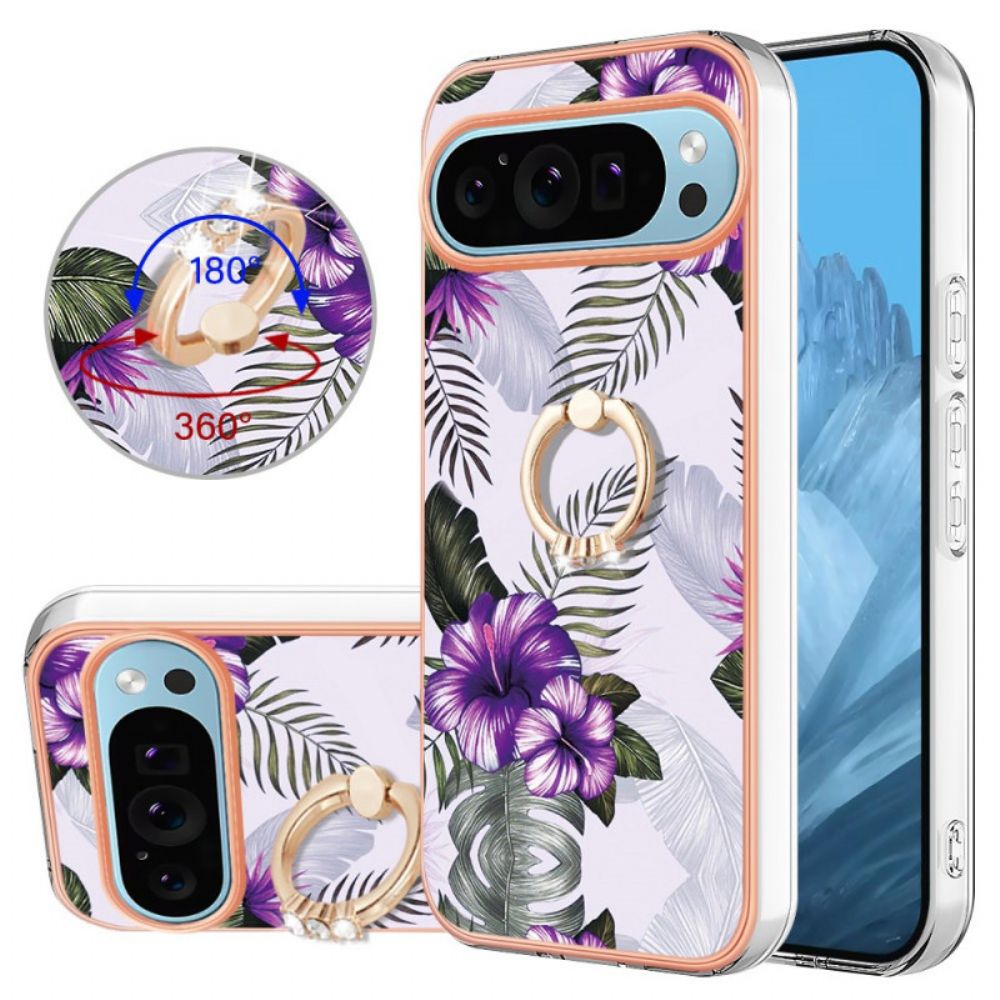 Hoesje Google Pixel 9 Steunring Paarse Bloemen