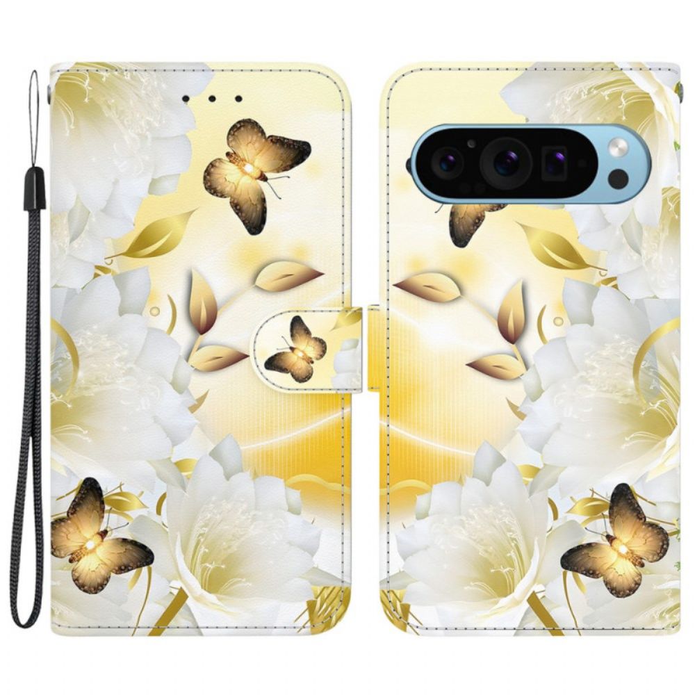 Leren Hoesje Google Pixel 9 Gouden Vlinders En Witte Bloemen Met Riempje