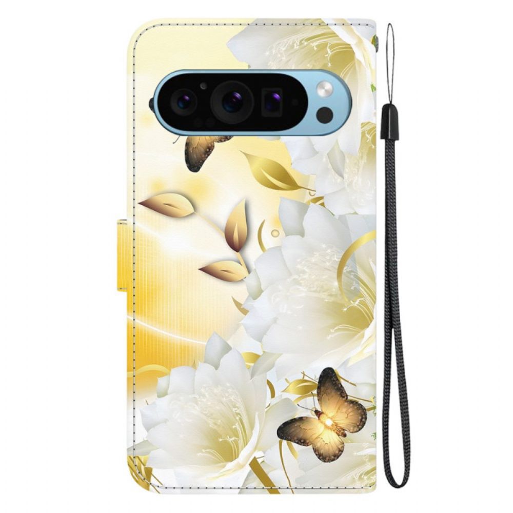 Leren Hoesje Google Pixel 9 Gouden Vlinders En Witte Bloemen Met Riempje