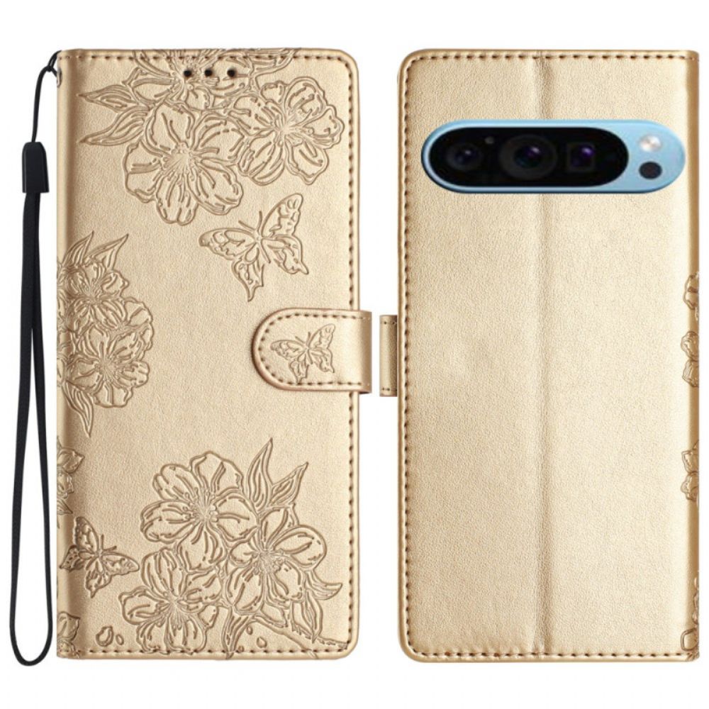 Leren Hoesje Google Pixel 9 Patroon Met Vlinders En Bloemen Bescherming Hoesje