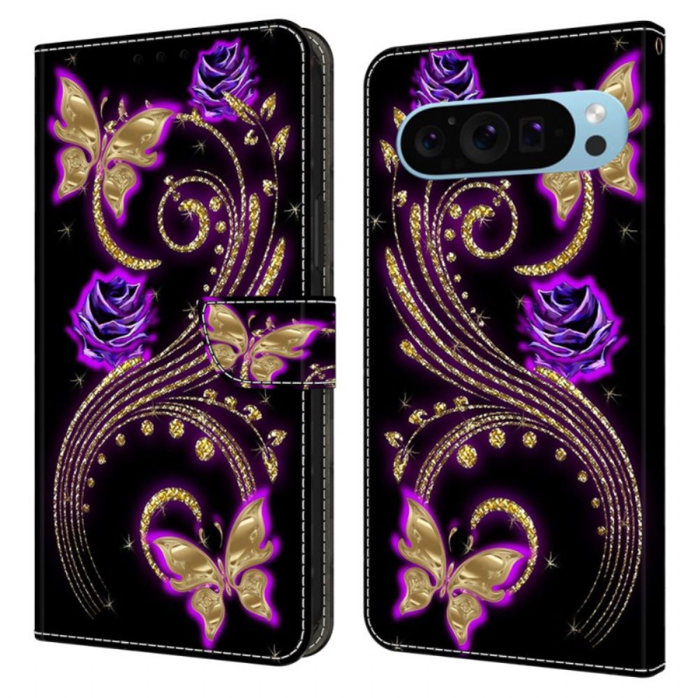 Leren Hoesje Google Pixel 9 Violette Bloemen En Vlinders Bescherming Hoesje