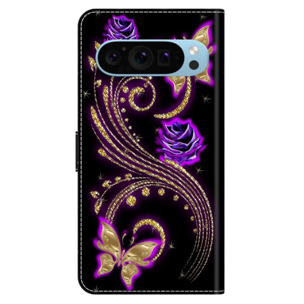 Leren Hoesje Google Pixel 9 Violette Bloemen En Vlinders Bescherming Hoesje