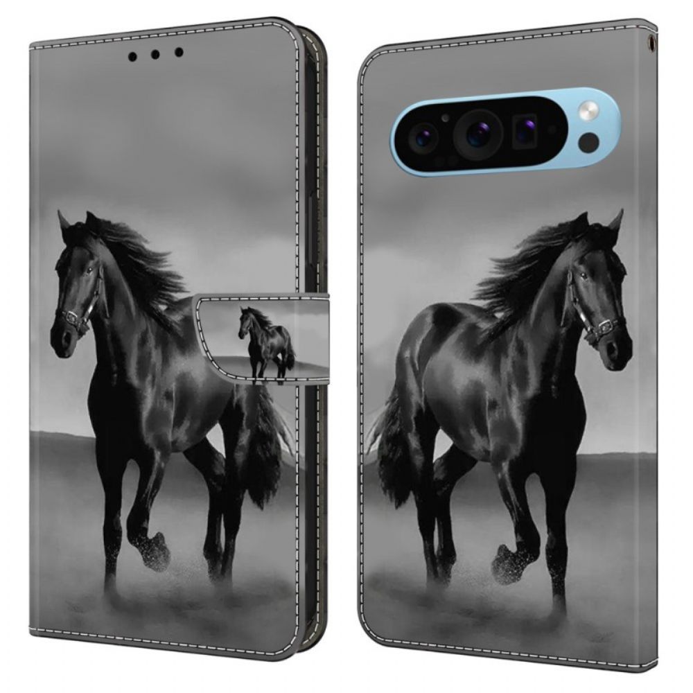 Leren Hoesje Google Pixel 9 Zwart Paard Bescherming Hoesje