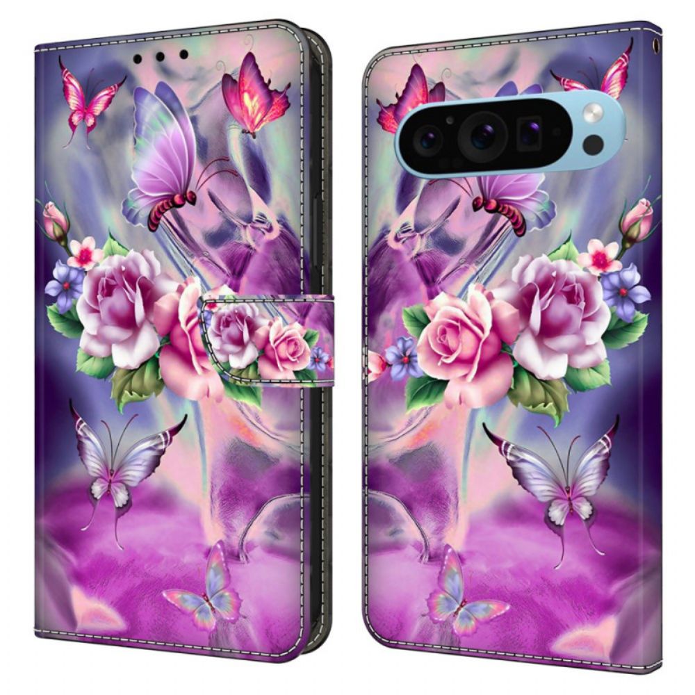 Leren Hoesje Voor Google Pixel 9 Vlinders En Bloemen Paars