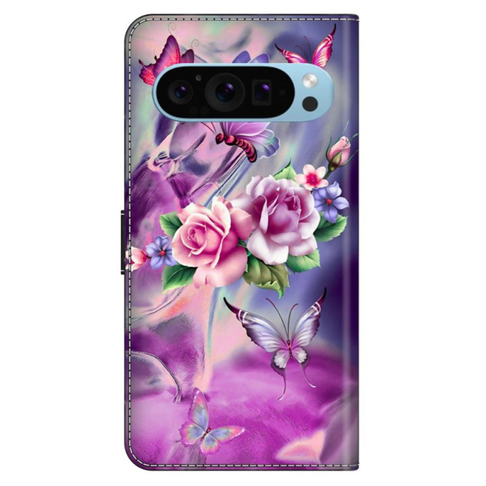 Leren Hoesje Voor Google Pixel 9 Vlinders En Bloemen Paars