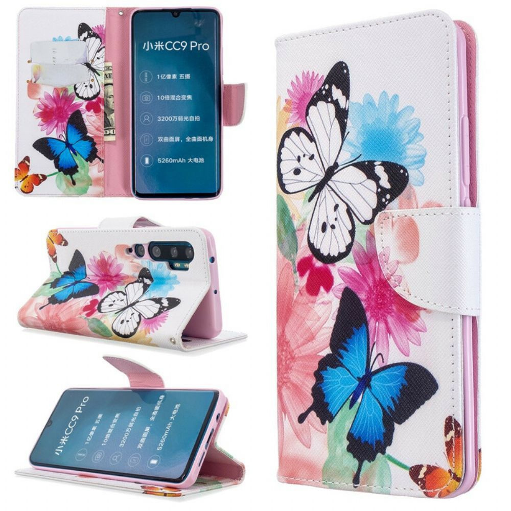 Flip Case voor Xiaomi Mi Note 10 / 10 Pro Geschilderde Vlinders En Bloemen