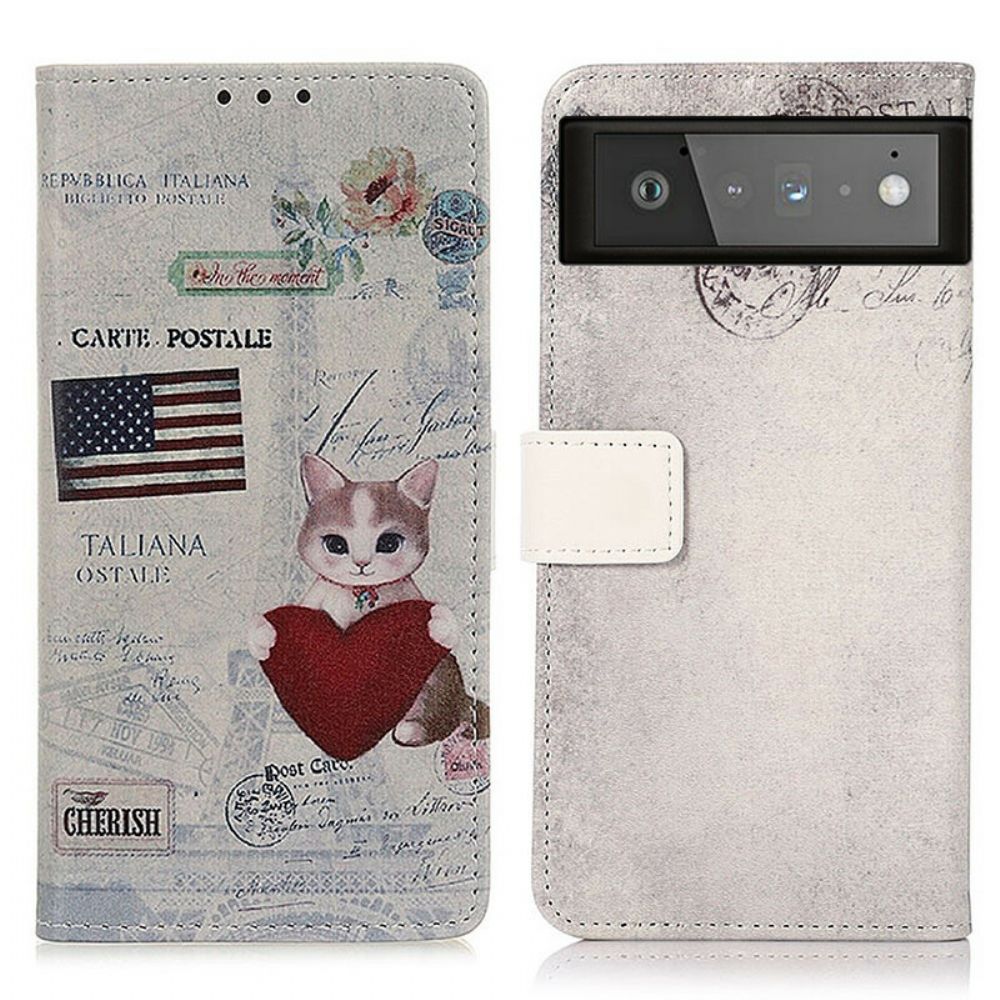 Leren Hoesje voor Google Pixel 6 Reizende Kat