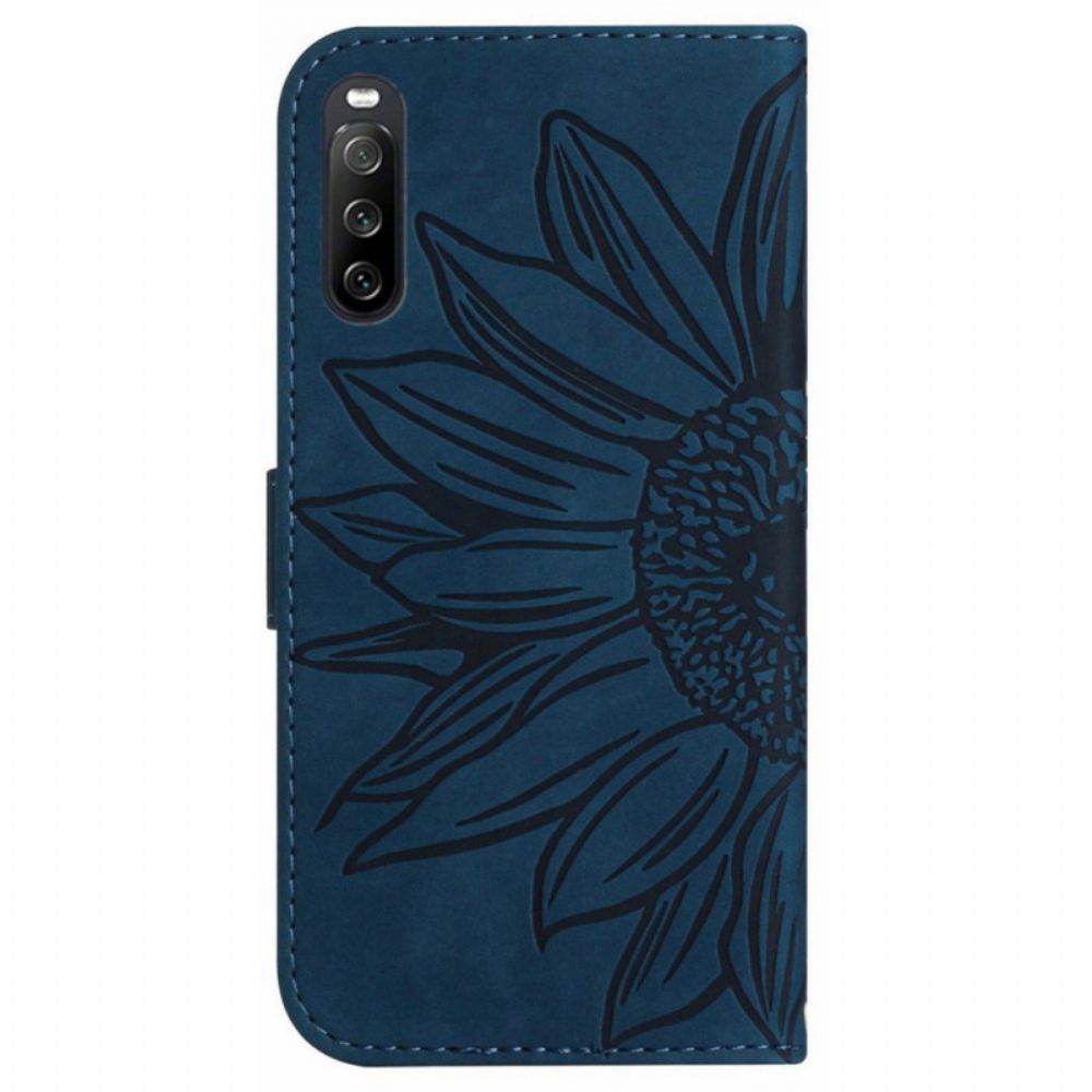 Flip Case Leren Sony Xperia 10 Vi Zonnebloem Schouderband