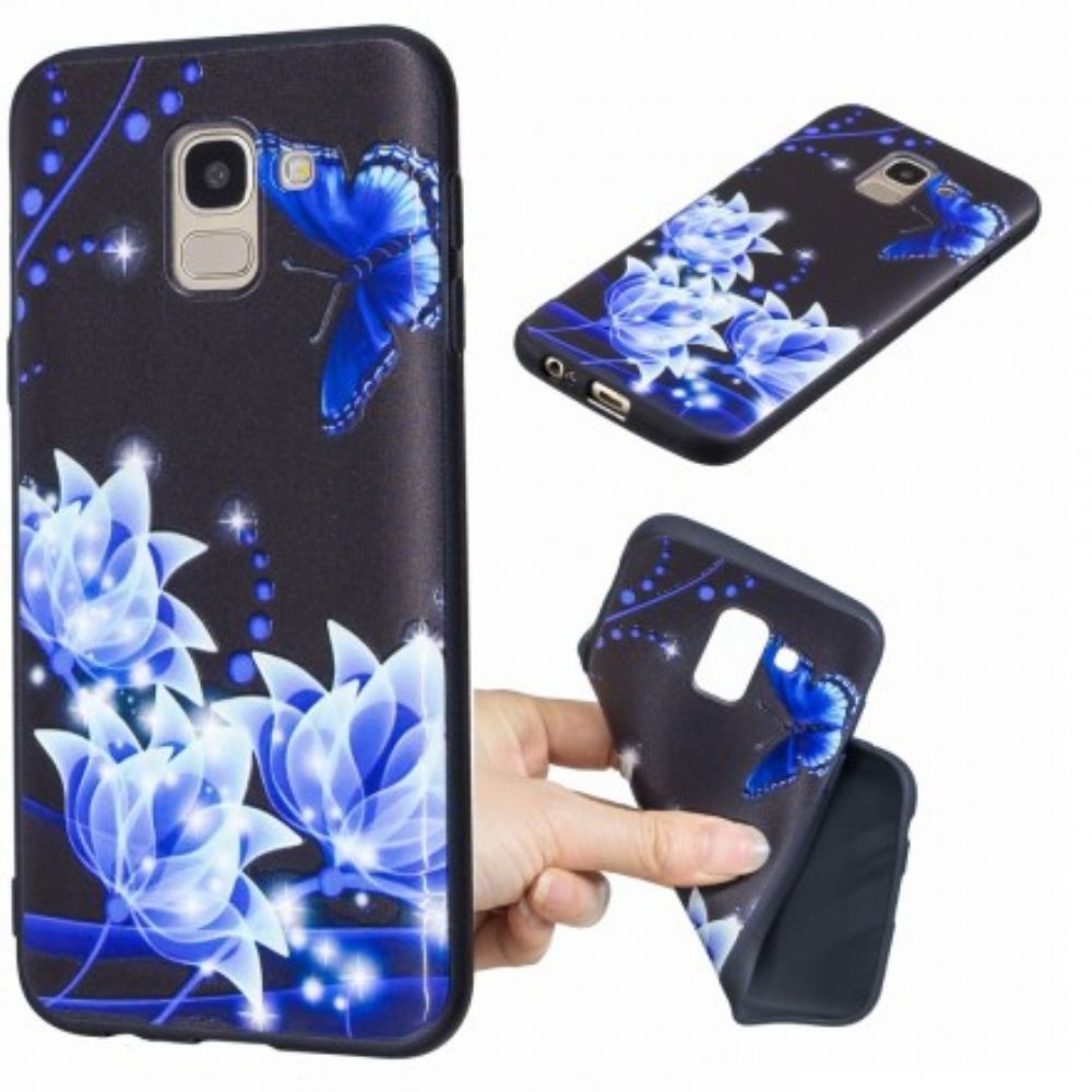 Hoesje voor Samsung Galaxy J6 Vlinder En Blauwe Bloemen