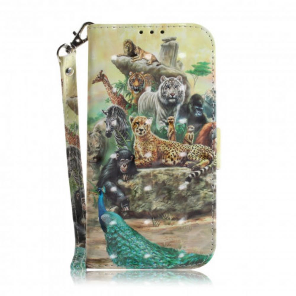 Flip Case voor Moto G9 Plus Met Ketting Thong Safari Dieren