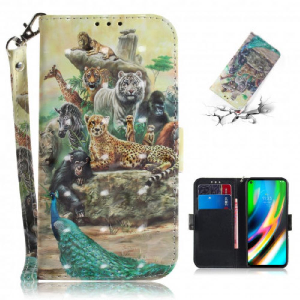 Flip Case voor Moto G9 Plus Met Ketting Thong Safari Dieren