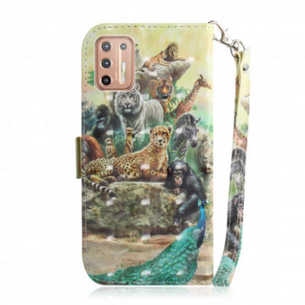 Flip Case voor Moto G9 Plus Met Ketting Thong Safari Dieren